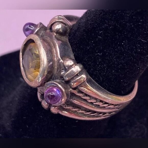 Artisan 925 Sterling Silver Citrine Amethyst Gemstone Ring Boho Ornate Band 5.5 - Picture 3 of 6